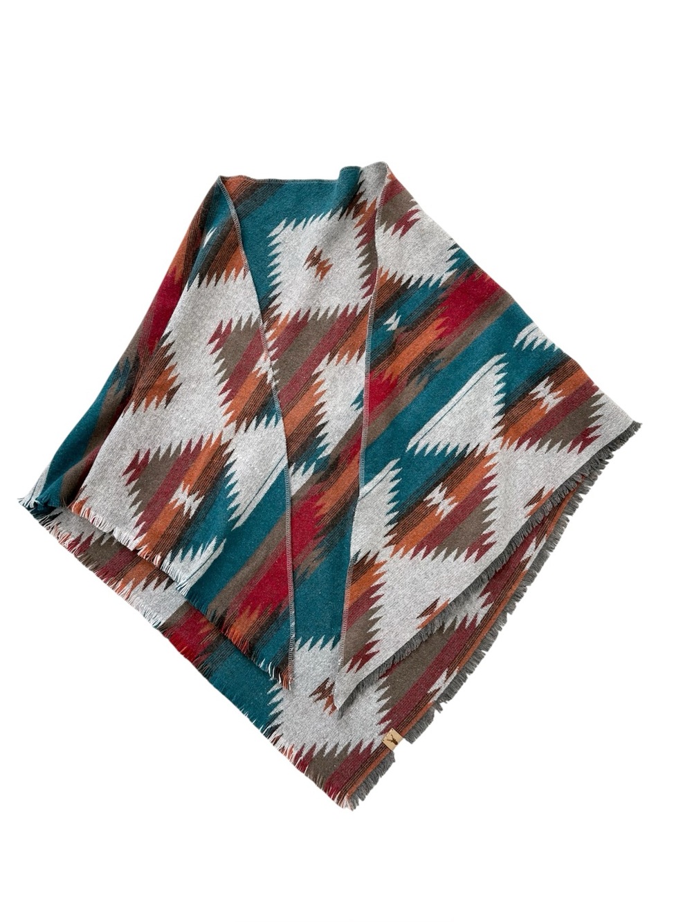 Southwestern Pattern Fringe Blanket Wrap in Teal, Rust & Cream - Picture 3 of 8